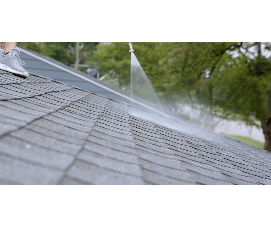 Close-up of GreenSoy treatment being sprayed on shingles